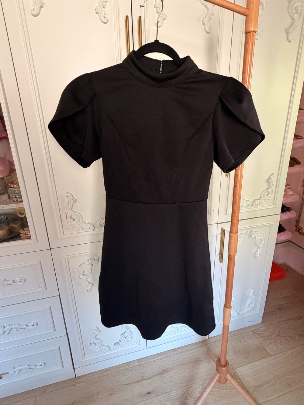 Black Mini Dress with Statement Puff Sleeves and removable white back bow